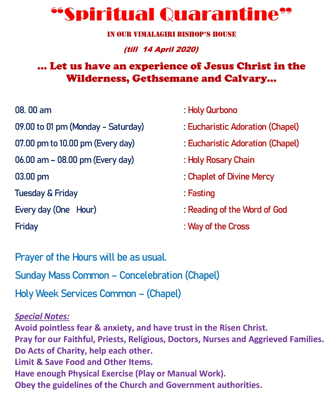 A special schedule of prayer for the whole world